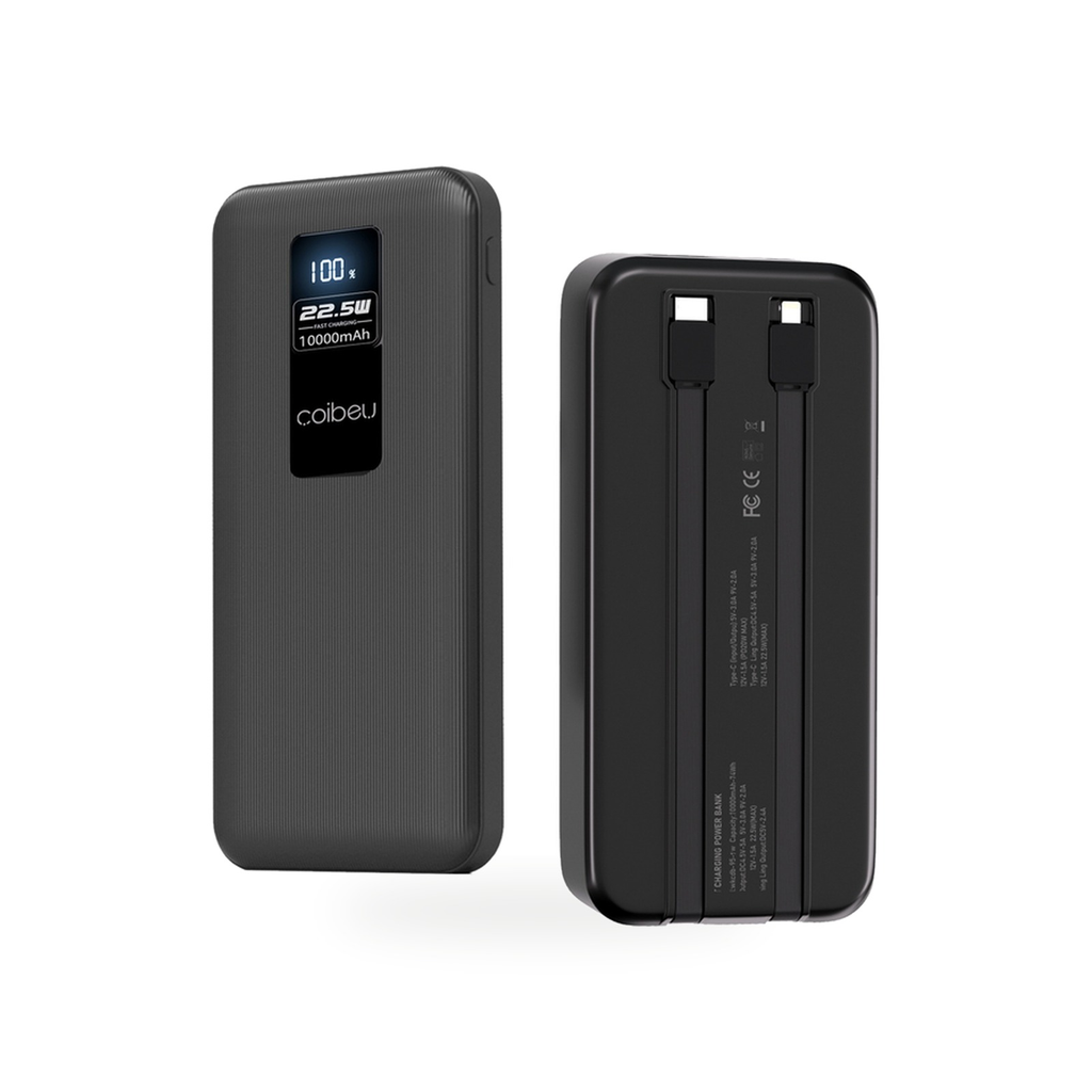 Power bank portatil de 10000 mAh com carregamento rapido de 23W e cabos embutidos