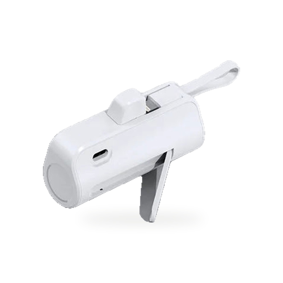 Mini power bank branco com cabo duplo embutido e alca de suporte