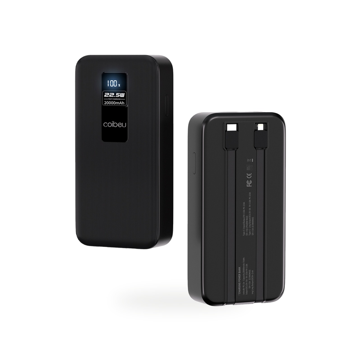 Power bank portatil de 20000 mAh com carregamento rapido de 23W e cabos embutidos