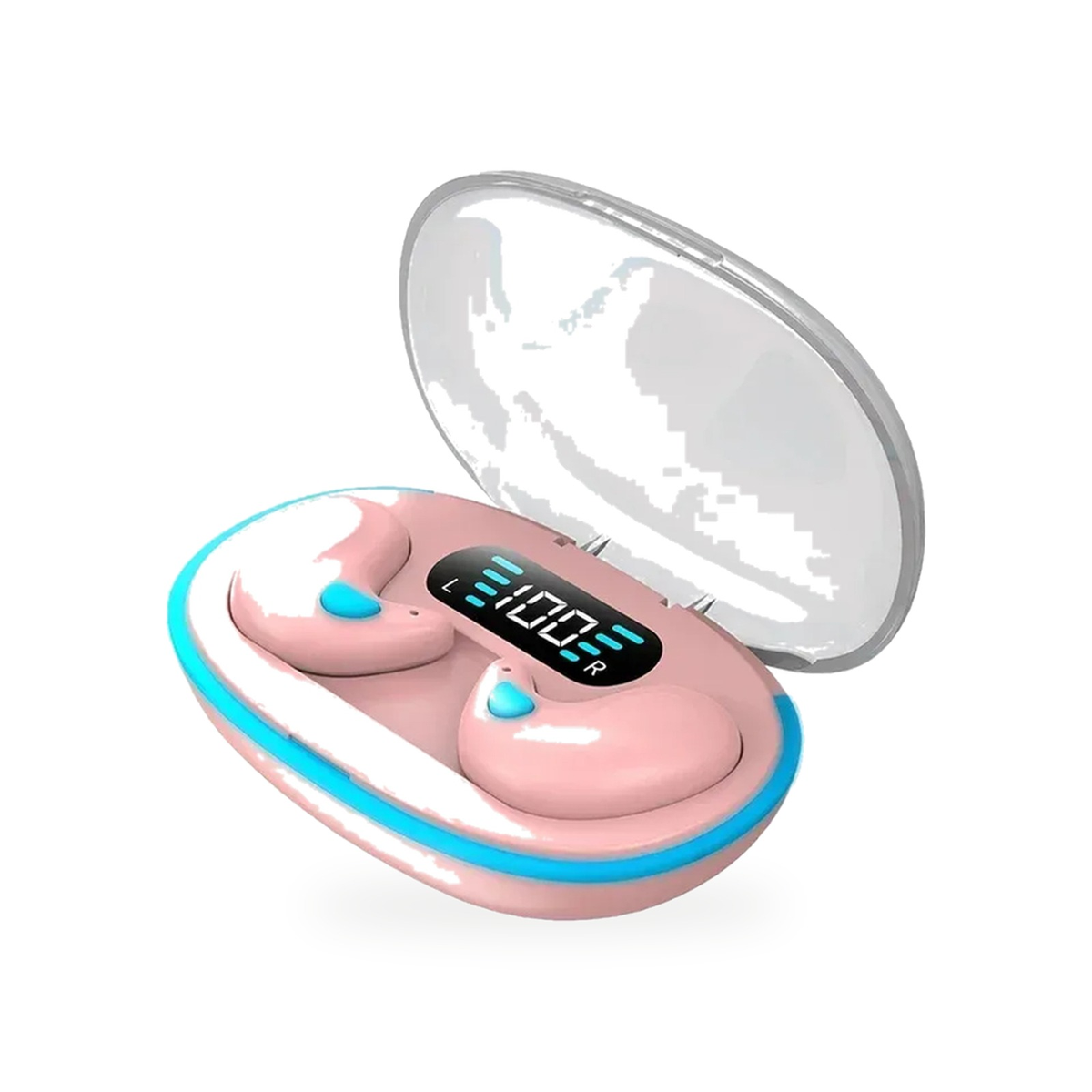 Fone de Ouvido Bluetooth X55 na cor rosa, estojo com display de bateria