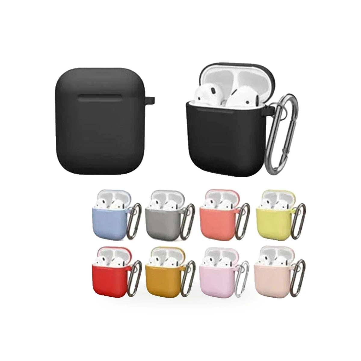 Capa de silicone para AirPods em várias cores, com mosquetão