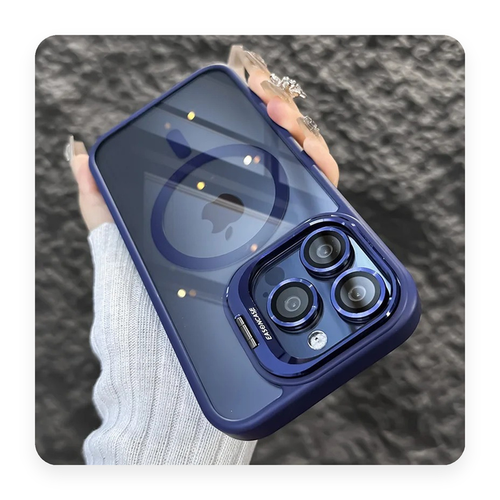 Capa magnetica transparente com borda azul escuro, anel MagSafe e protetor de lente