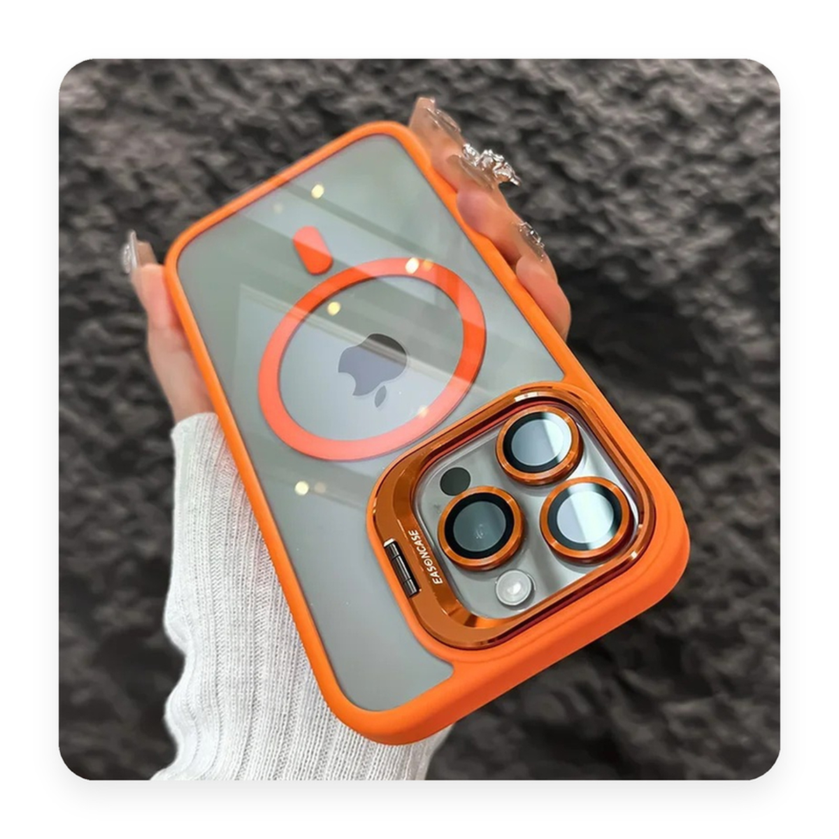 Capa magnetica transparente com borda laranja, anel MagSafe e protetor de lente