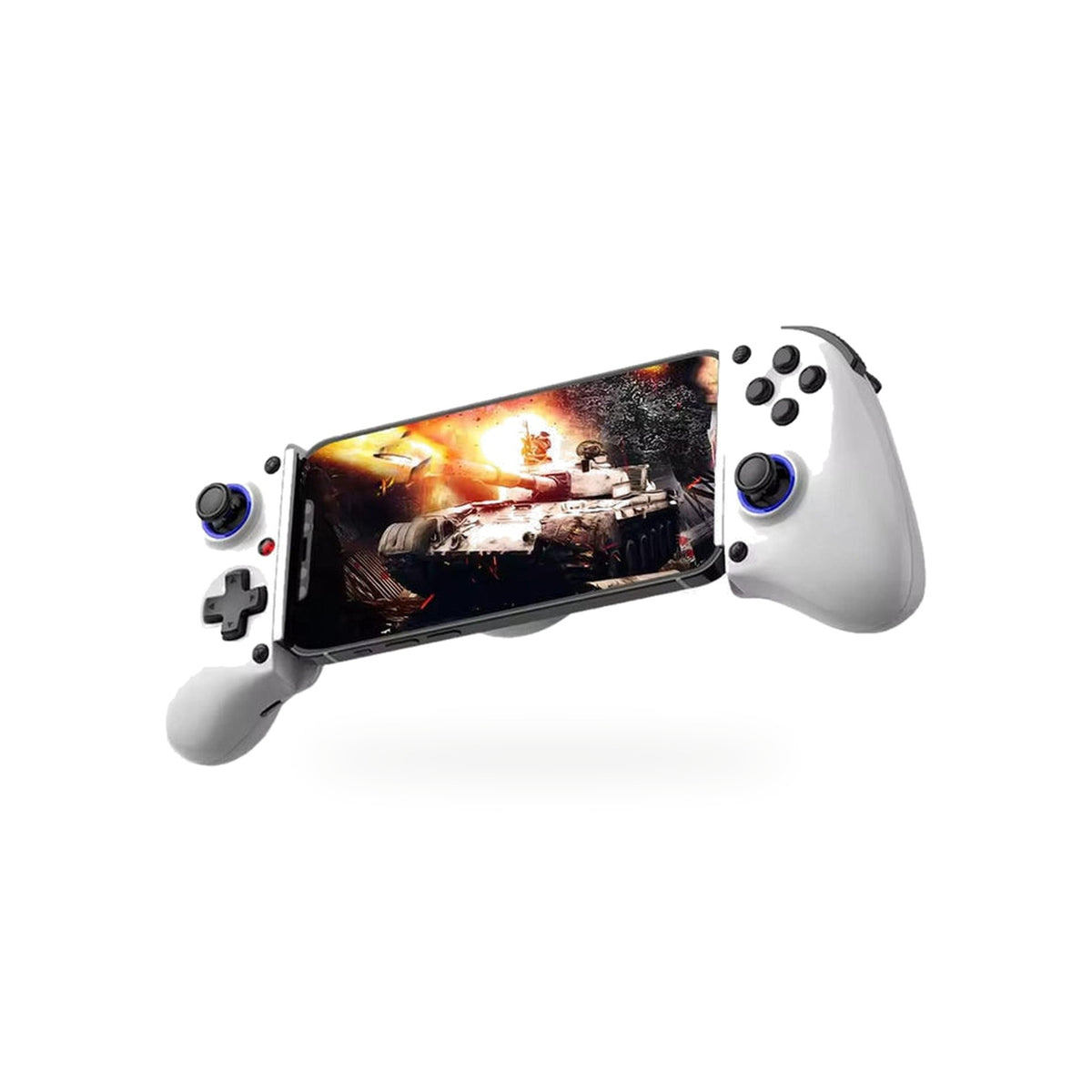 Controle telescópico Bluetooth branco, com celular encaixado