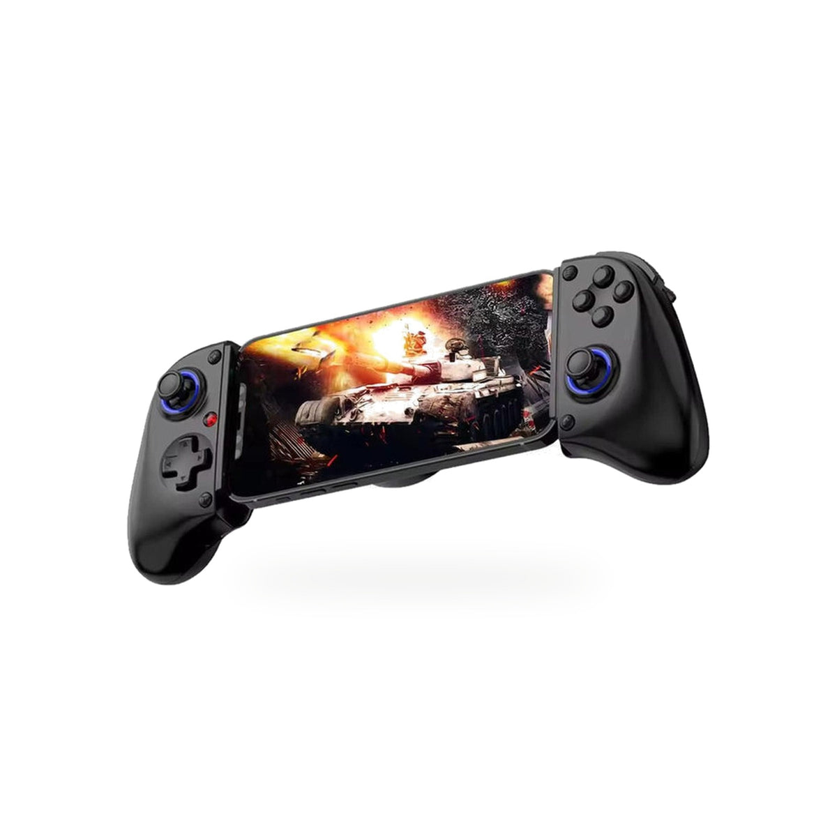 Controle telescópico Bluetooth preto, com celular encaixado