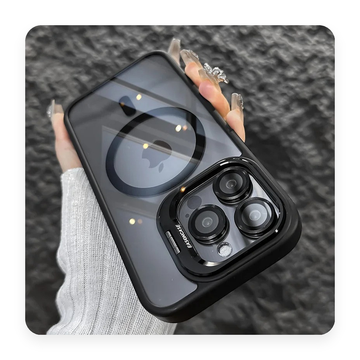 Capa magnetica transparente com borda preto, anel MagSafe e protetor de lente