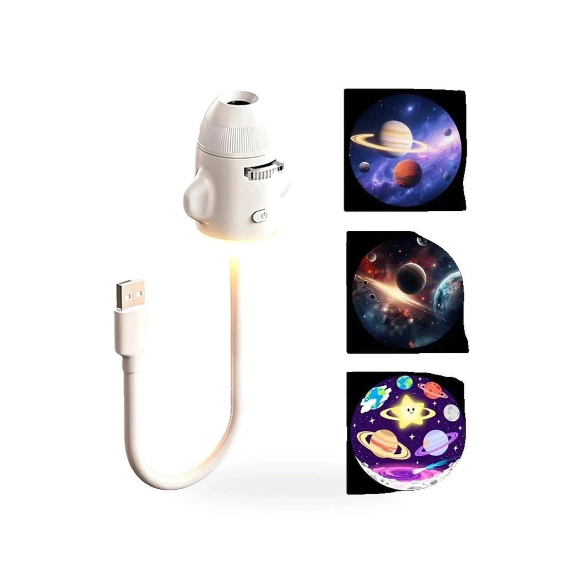 Projetor de galáxia branco com haste flexível USB e três discos de projeção