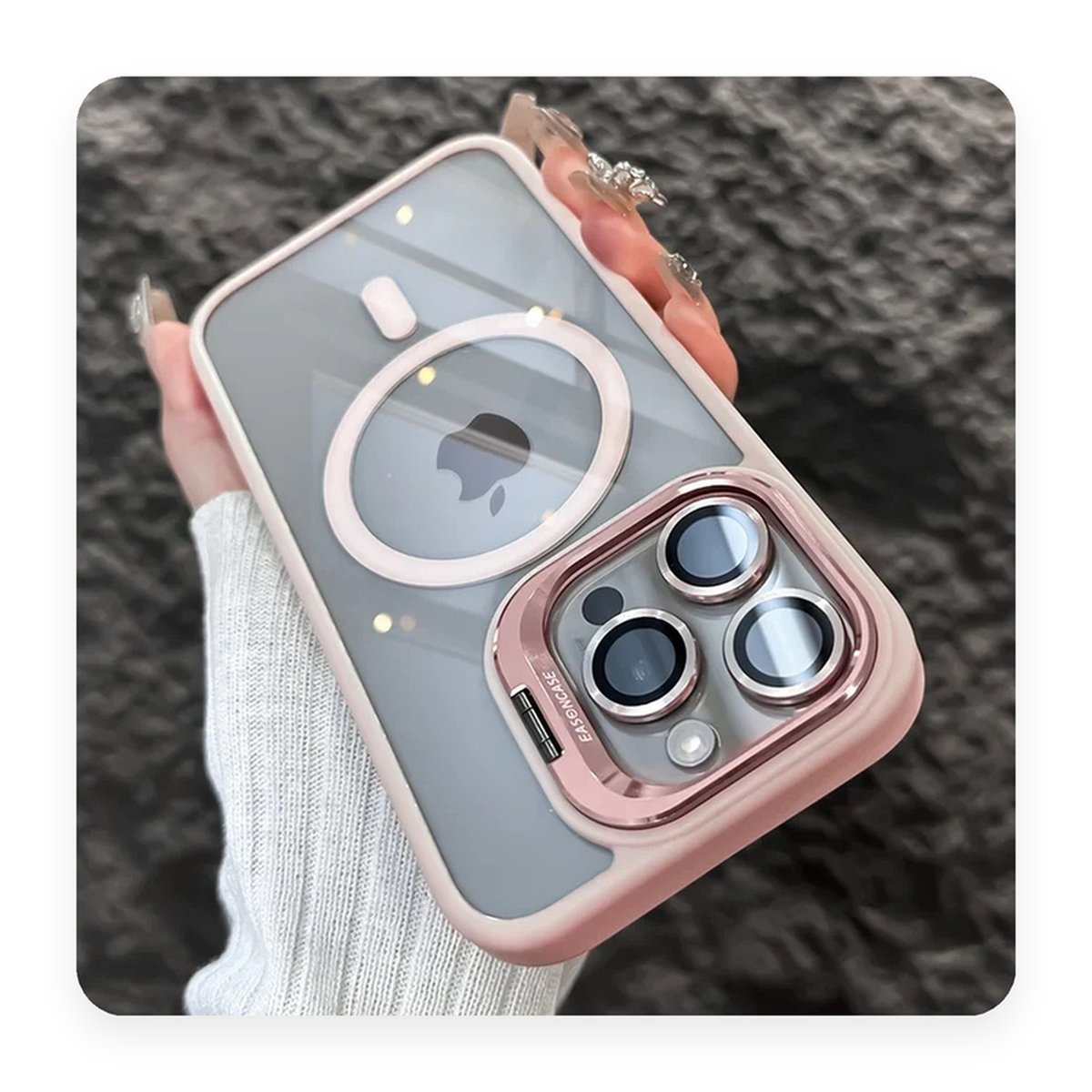 Capa magnetica transparente com borda rosa, anel MagSafe e protetor de lente