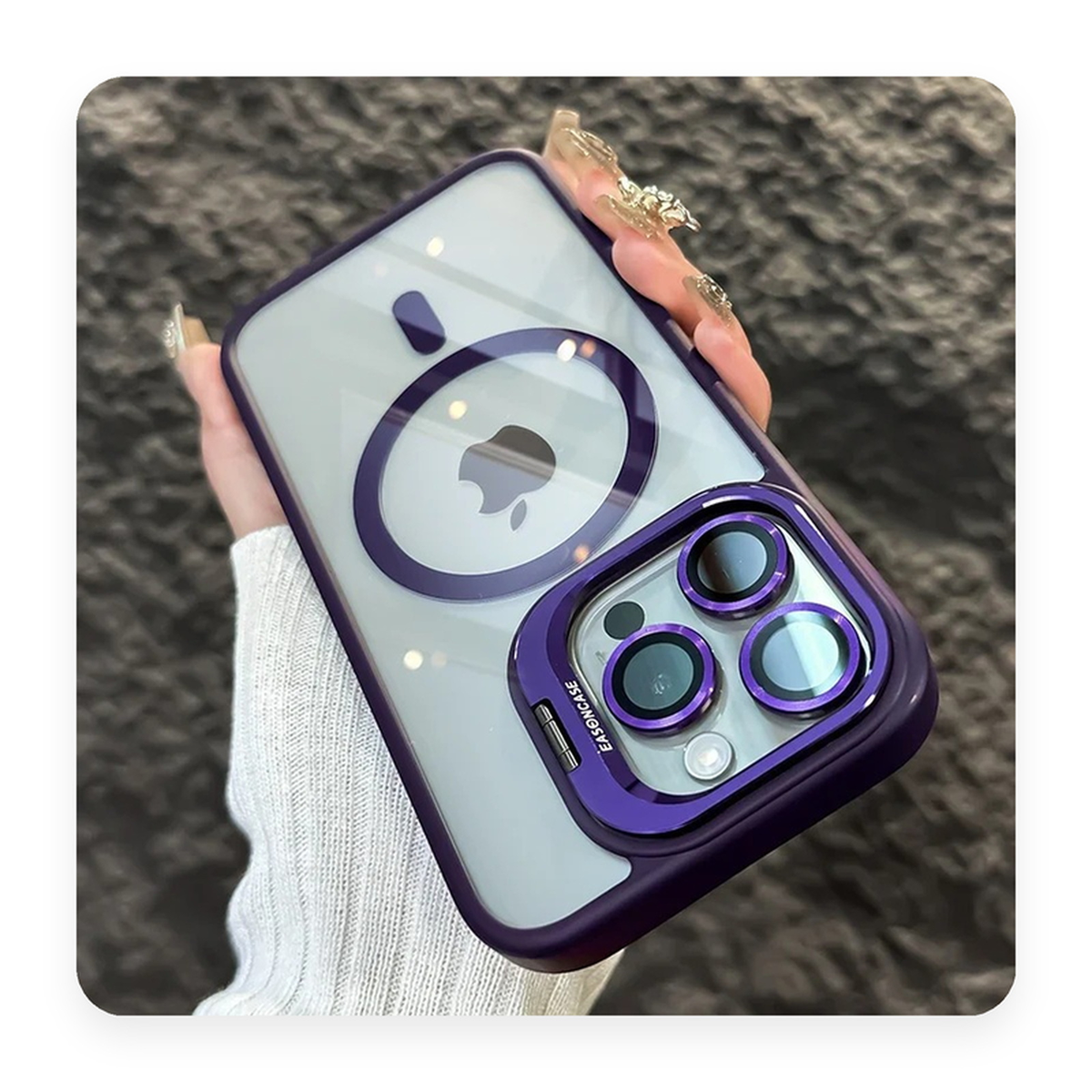Capa magnetica transparente com borda roxo, anel MagSafe e protetor de lente