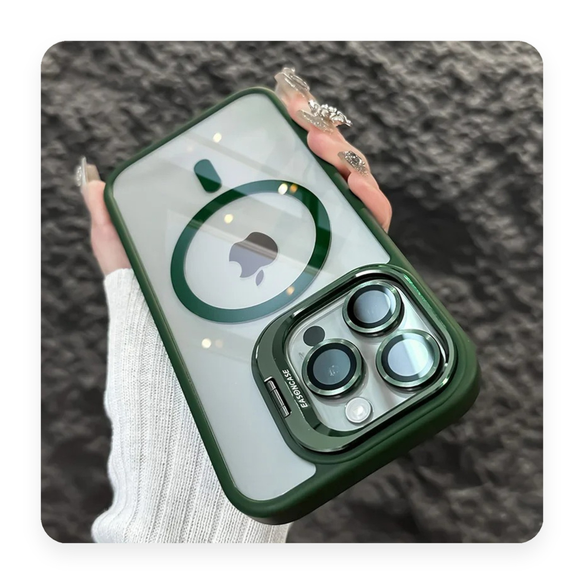 Capa magnetica transparente com borda verde escuro, anel MagSafe e protetor de lente