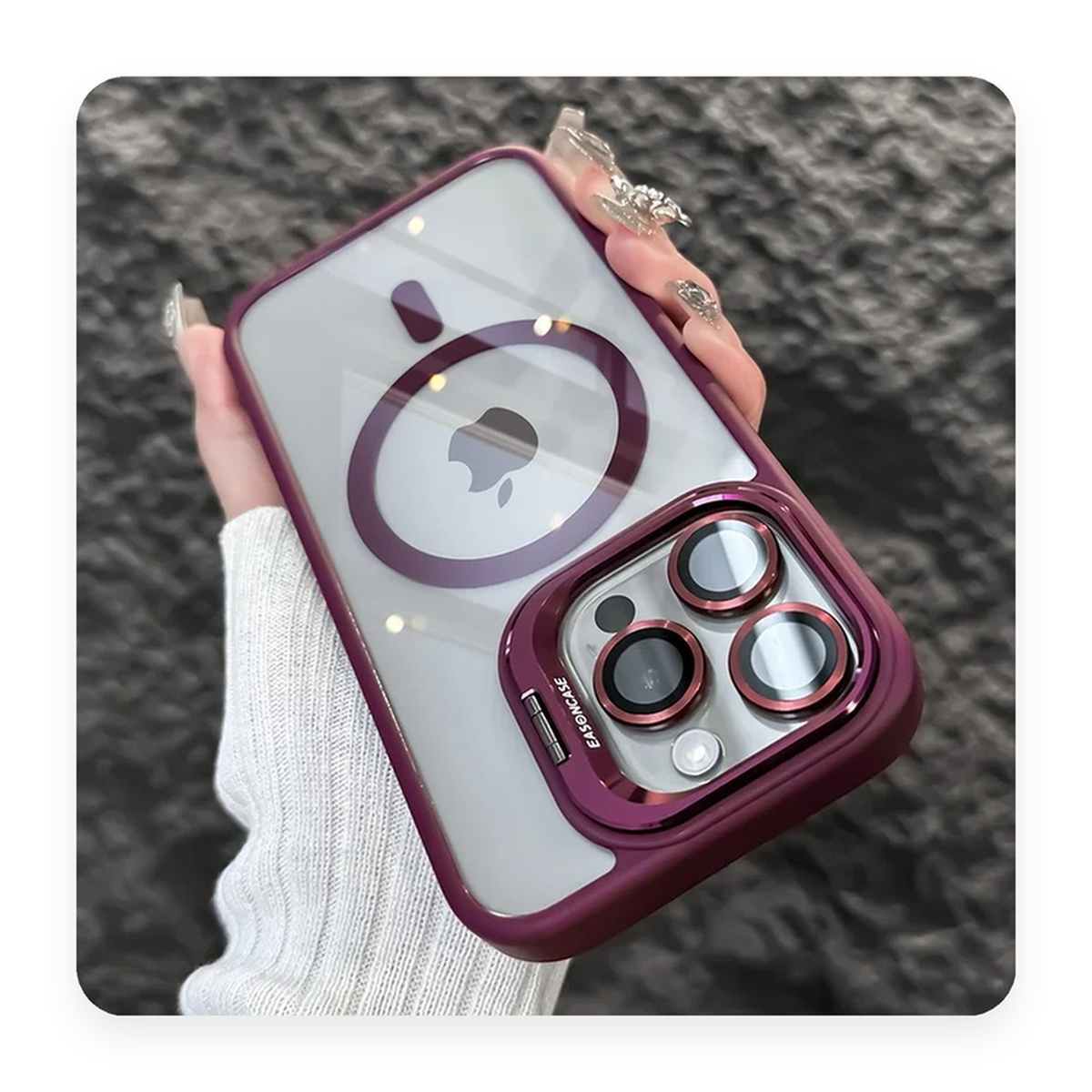 Capa magnetica transparente com borda vermelho, anel MagSafe e protetor de lente